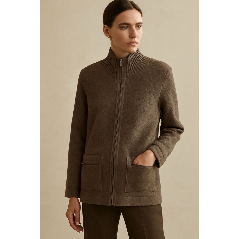 Babette Ballinger Wool Zip Up High Neck Cardigan Jacket in Brown S